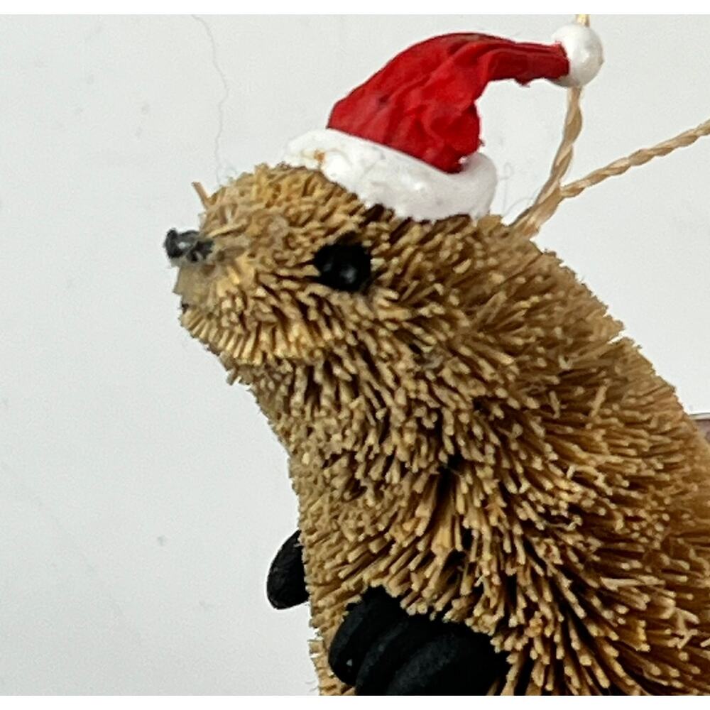 Brown Bottle Brush Animal Ornament Beaver Santa Hat 3" Rustic Holiday Hanging